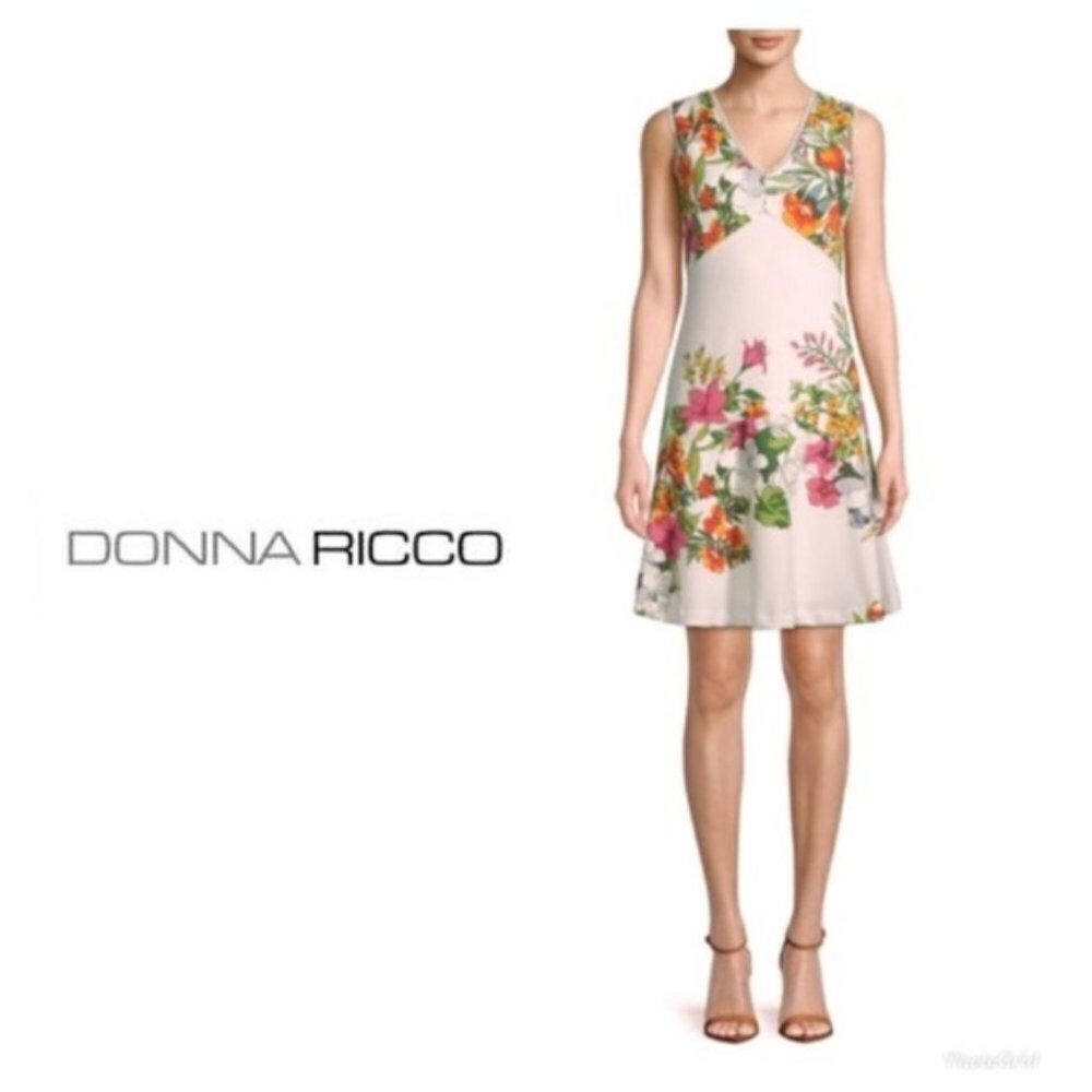 Donna Ricco Womens White Pink Tropical Floral Print Sleeveless Dress Sz 8 New